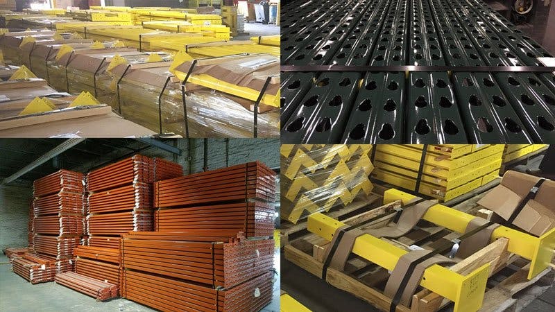 拼贴的四个图像的现成的货架和安全产品在有组织的堆栈在运输Lodi, CA船务设施